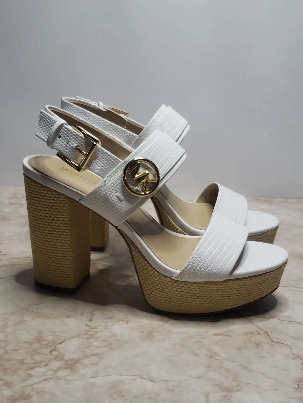 Michael Kors White Platform Sandals with Gold MK Hardware 7.5